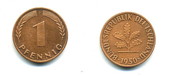 ФРГ 1 ПФЕННИГ 1950 F KM 105, J.380 сталь плакированная медью 23-552