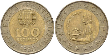 Португалия 100 эскудо 1990 Педру Нуниш (1502-1578), математик KM 645.1 биметалл 4551-1035