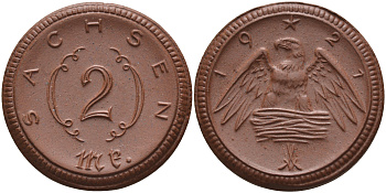 Саксония 2 марки 1921 J. N 56 фарфор 1094-1-13