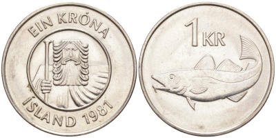 Исландия 1 крона 1981 треска KM 27 медно-никель 219-836
