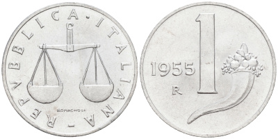 Италия 1 лира 1955 R, весы KM 91 алюминий  UNC  4594-642