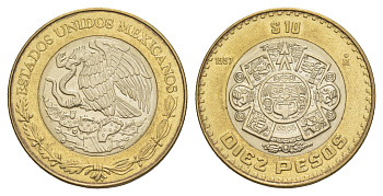 Мексика 10 песо 1997 Мо, бог Тонатиуха с огненной маской KM 616 биметалл aUNC 4637-716