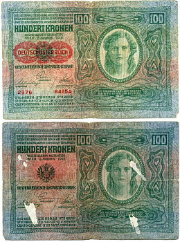 Австрия 100 крон 1912 (1919) красная надпечатка на Pick 12, на аверсе Pick 56 a бумага 8617-36-2-1