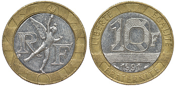 Франция 10 франков 1991 тип гений Бастилии KM 964.1, Le Frank 375.6 биметалл 45-926