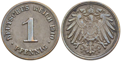ГЕРМАНИЯ 1 ПФЕННИГ 1910 D KM 10, Jager. 10, Weege 2 медь 4528-1262