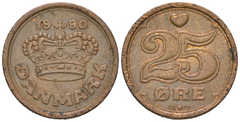 Дания 25 эре 1990 LG; JP; A, Маргрете II (1972-2024) KM 868.1 бронза 4147-345