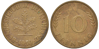 ФРГ 10 пфеннигов 1950 D KM 108, J. 383 сталь плакированная латунью 4132-523