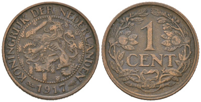 Нидерланды 1 цент 1917 Вильгельмина (1890-1948) KM 152 бронза 4152-253