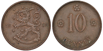 Финляндия 10 пенни 1919 KM 24 медь 45-1257
