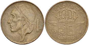 БЕЛЬГИЯ 50 САНТИМОВ 1953 BELGIQUE KM 148.1 бронза 4528-932