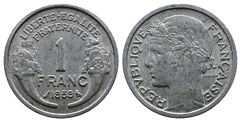 ФРАНЦИЯ 1 ФРАНК 1959 ТИП MORLON, LEGERE KM 885a.1, LE FRANC 221.23 алюминий 261-443