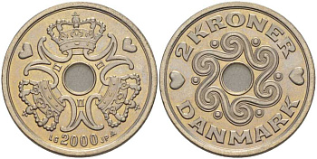 ДАНИЯ 2 КРОНЫ 2000 LG; JP; A, МАРГРЕТЕ II (1972-) KM 874.1 медно-никель 202-837