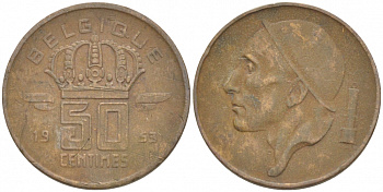 БЕЛЬГИЯ 50 САНТИМОВ 1953 BELGIQUE KM 144 бронза 4528-125