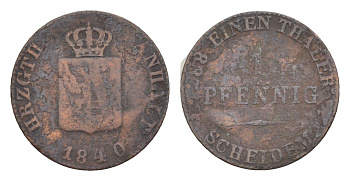 Ангальт-Бернбург 1 пфенниг 1840 Александр Карл (1834-1863) KM 91, AKS 27, J. 60 медь 00-00