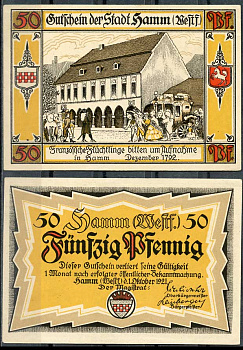 Германия, Хамм 50 пфеннигов 1921 нотгельд, городские виды, желтая Grabowski 568.4  бумага  UNC (пресс) 444-87-1-2