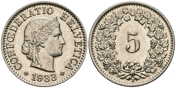 Швейцария 5 раппенов 1933 KM 26b никель UNC 4608-1034