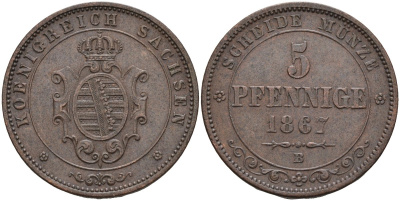 Саксония 5 пфеннигов 1867 В, Johann (1854-1873) KM 1218, AKS 151, J. 123 медь 4587-624