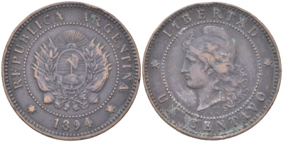 Аргентина 1 сентаво 1894 KM 32 бронза 4622-123