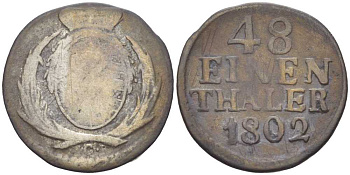 САКСОНИЯ 1/48 ТАЛЕРА 1802 С, ФРИДРИХ АВГУСТ III (1763-1806) KM 966 серебро 206-363