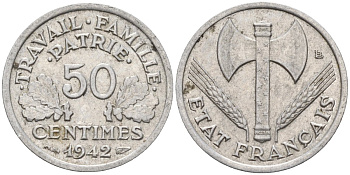 Франция 50 сантимов 1942 Тип Francisque, Lourde, правительство Виши KM 914.1, Le Franc 195.2 алюминий 4596-815