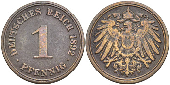 ГЕРМАНИЯ 1 ПФЕННИГ 1892 A KM 10, Jager. 10, Weege 2 медь 4528-1121