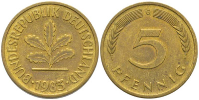 ФРГ 5 ПФЕННИГОВ 1983 G KM 107, J. 382 сталь плакированная латунью 116-311