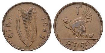 Ирландия 1 пенни 1942 курица с цыплятами KM 11 бронза 4672-635