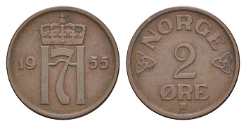 Норвегия 2 эре 1955 Хокон VII (1905-1957) KM 399 бронза 4635-327