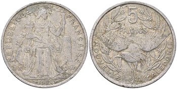 Французская Новая Каледония 5 франков 1999 птица кагу, (IEOM) KM 16, Schoen 12, Lec 81d алюминий 189-221