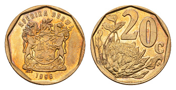 ЮАР 20 центов 1996 герб, цветок протея KM 162 сталь плакированная латунью UNC 4643-559