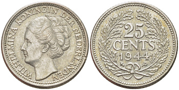 Нидерланды 25 центов 1944 Вильгельмина (1890-1948) KM 164 серебро aUNC 66-1161