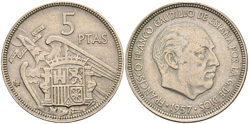 Испания 5 песет 1957 (63) Франсиско Франко (1939-1975) KM 786 медно-никель    4595-1021