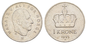 Норвегия 1 крона 1993 Харальд V (1991-) KM 436 медно-никель 4635-734