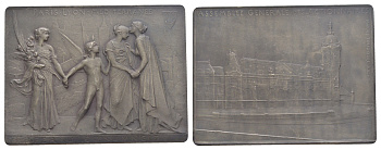 Франция плакетка железнодорожной компании "P.L.M. - Chemins de fer de Paris ? Lyon et ? la M?diterran?e" ND Париж на заднем плане с железнодорожным вокзалом, Пантеон и собор Парижской Богоматери, 60x45 мм, вес 59,9 гр 1097-4-12