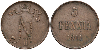 Россия для Финляндии 5 пенни 1911 Николай II (1894-1917) KM 15, Биткин 451 медь 85-327