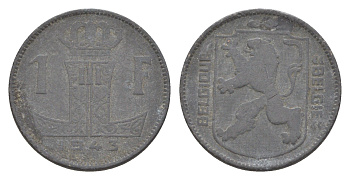 Бельгия 1 франк 1943 Belgie - Belgique, Леопольд III (1934-1947), германская оккупация, Вторая мировая война KM 127 цинк 4636-167