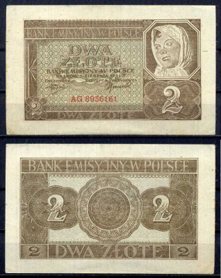 Польша 2 злотых 1940 Крестьянка Pick 92 бумага aUNC 8605-28-2-2