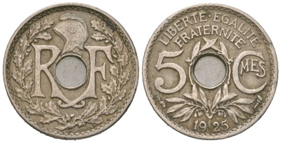 Франция 5 сантимов 1925 KM 875 медно-никель 4615-647