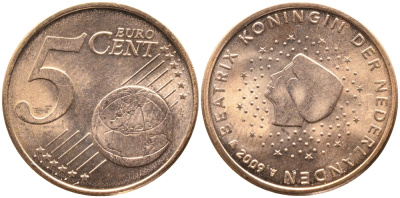 НИДЕРЛАНДЫ 5 ЕВРОЦЕНТОВ 2009 KM 236 сталь плакированная медью UNC 4391-257
