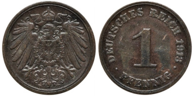 Германия 1 пфенниг 1913 D KM 10, Jager 10, Weege 2 бронза 192-313