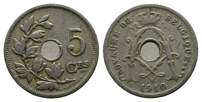 Бельгия 5 сантимов 1910 Belgique, Альберт I (1909-1934) KM 66 медно-никель 261-1056