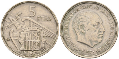 Испания 5 песет 1957 (63) Франсиско Франко (1939-1975) KM 786 медно-никель    4595-1021