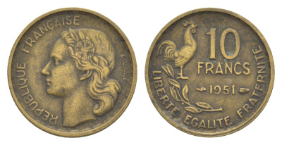 Франция 10 франков 1951 петух KM 915.1, Le Franc 363.4 алюминиевая бронза 4649-734