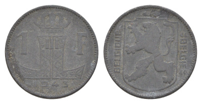 Бельгия 1 франк 1943 Belgie - Belgique, Леопольд III (1934-1947), германская оккупация, Вторая мировая война KM 127 цинк 4636-167