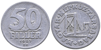 Венгрия 50 филлеров 1967 BP мост Елизаветы в Будапеште KM 574 алюминий 25-2126