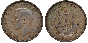 Великобритания 1/2 пенни 1942 Георг VI (1936-1952) KM 844, Spink 4115 бронза 62-1111