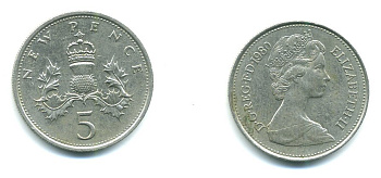 Великобритания 5 пенсов 1980 Елизавета II (1952-2022) KM 911, Spink 4233 (D1) медно-никель 540-522