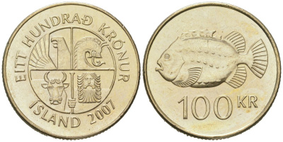 Исландия 100 крон 2007 KM 35 никель латунь UNC 4574-525