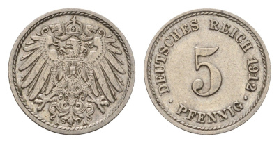 Германия 5 пфеннигов 1912 A, Вильгельм II (1888-1918) KM 11, J. 12 медно-никель 4636-246