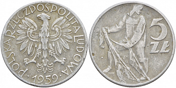 Польша 5 злотых 1959 MW, рыбак KM 47 алюминий 4179-1333